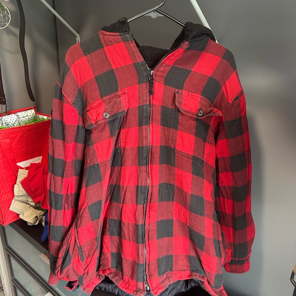 Red and Black Flannel Hooded Jacket